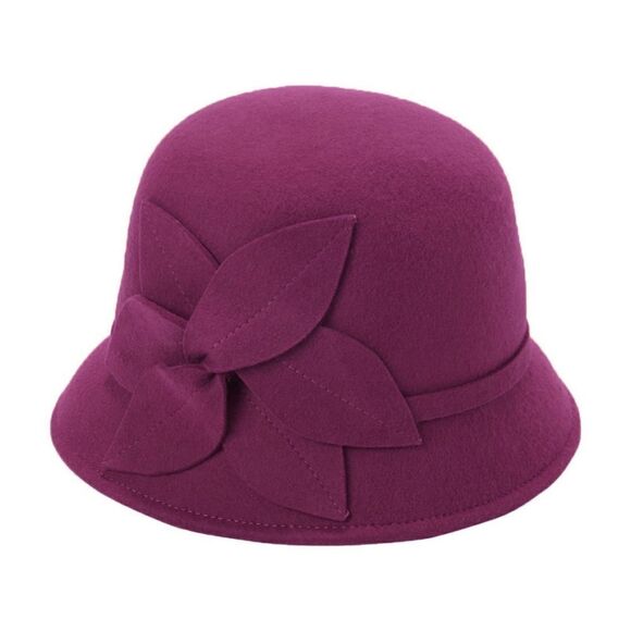 New! NINE WEST Women's Felt Wool Cloche Hat With Flower Applique Color Berry - Picture 1 of 3